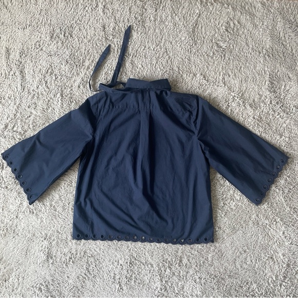 J Crew Collection Top Navy Blue Eyelet Button Blouse Cotton Poplin Shirt Sz M - Picture 10 of 14
